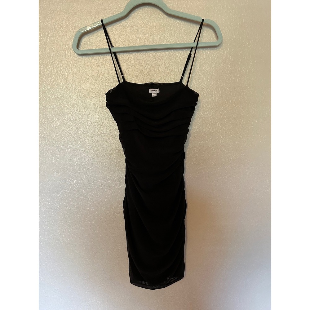 Garage Black Ruched Bodycon Mini Dress Mesh Spaghetti Strap XS